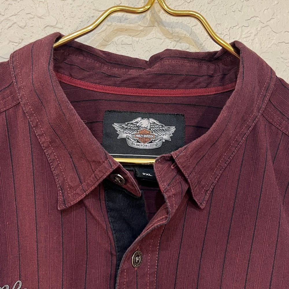 Harley-Davidson Burgundy Pinstripe Embroidered Long Sleeve Button Down Shirt - Picture 3 of 13